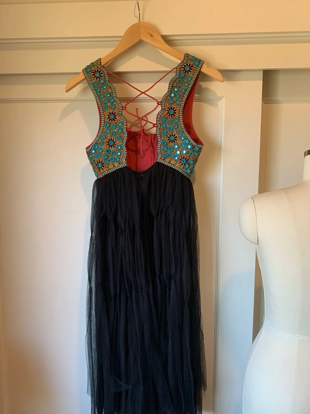 Free People Mirrored Turquoise & Gold Embroidered Dress with Black Net Skirt